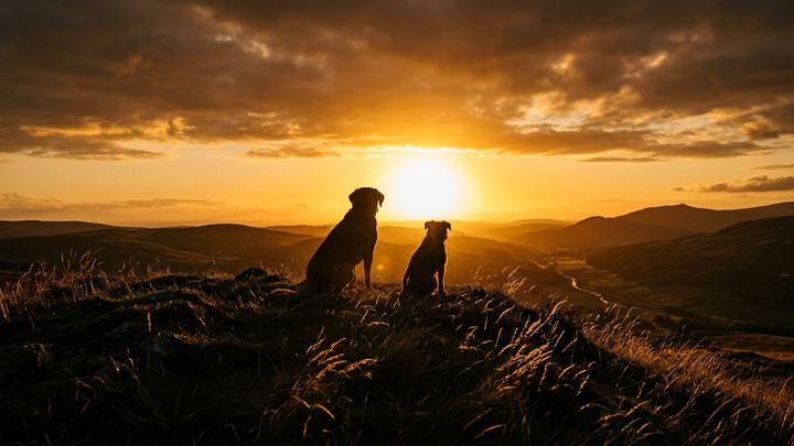 Two dogs sitting together at sunset